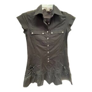 Black Cap Sleeve Ruffled Button Down Shirt